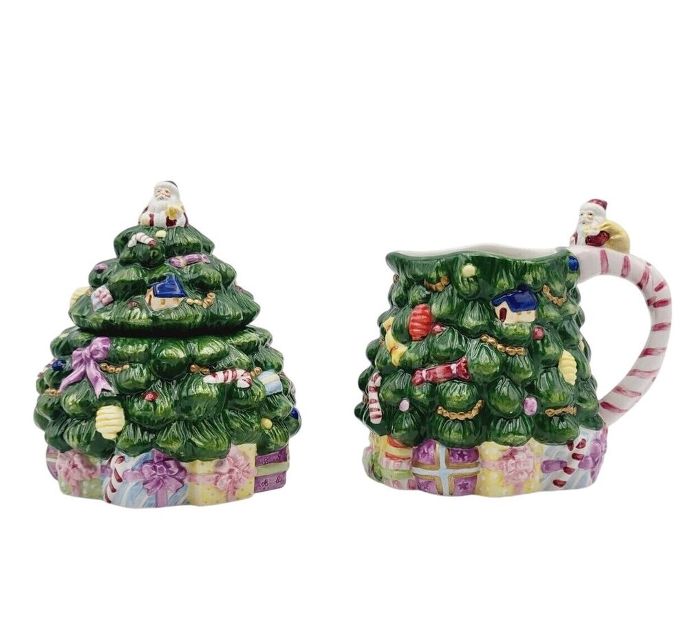 Spode Christmas Tree Shaped Creamer & Sugar Bowl Set Hand Painted